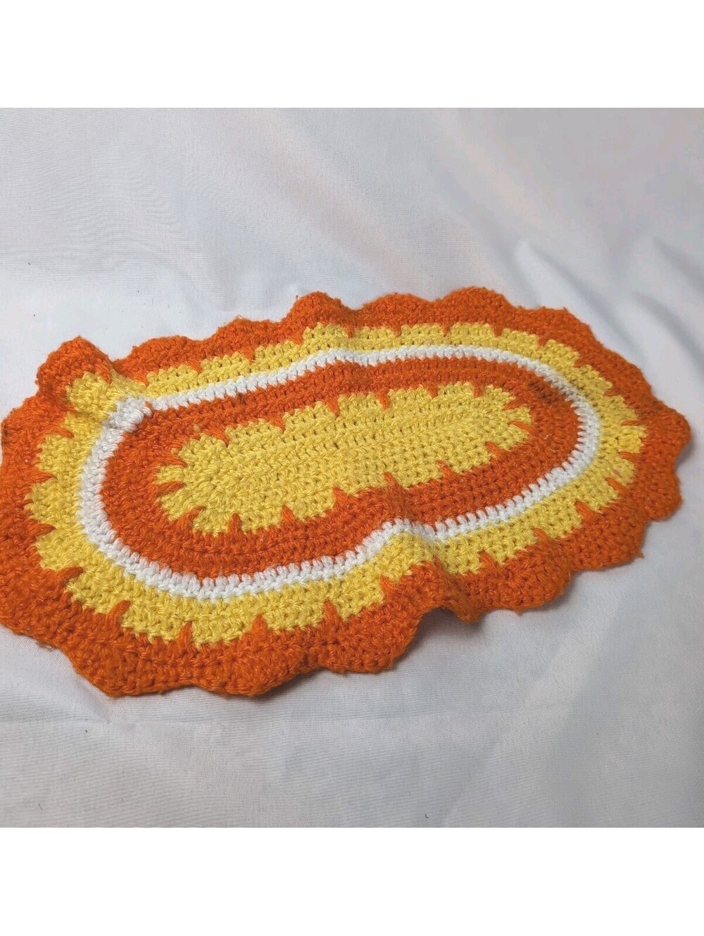 Vintage Handmade Crocheted Table Doily Orange White Yellow Yarn 18 inches